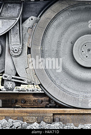 Locomotiva, dettaglio, ruota, i ceppi del freno, rotaie di acciaio, grinta, close-up, Foto Stock
