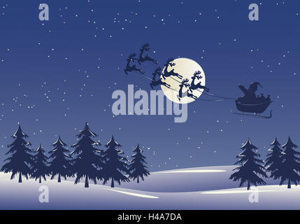 Illustrazione, Santa Claus, renne slitta, volare, distribuire regali di Natale, legno, notte di luna, grafica, Natale, per Natale, invernale, paesaggio invernale, inverno legno, alberi, paesaggio, neve, Santa Claus, volo, slitta, le renne, pacchetti, presenta, Foto Stock