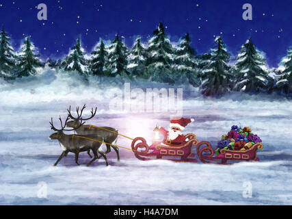 Illustrazione, legno, Santa Claus, renne slitta, presenta lanterna, sera, abbonamento, pittura, Natale, per Natale, invernale, paesaggio invernale, inverno legno, alberi, paesaggi, bordo della foresta, la neve, Santa Claus, go, diapositiva Viaggio, slitta, le renne Foto Stock