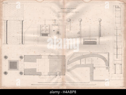 19C Disegno tecnico del ferro battuto forno. Nasmyth di brevetto martello a vapore 1847 Foto Stock