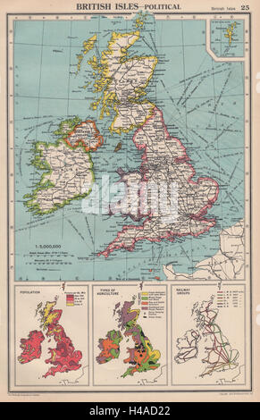 Isole britanniche. La densità di popolazione. Tipi di agricoltura. Griglia di elettricità 1944 mappa Foto Stock