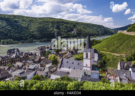 Germania, Hesse, Rheingau (regione), Rüdesheim am Rhein (città), distretto Assmannshausen, townscape con vigneti e Burg Rheinstein (Trechtingshausen) Foto Stock