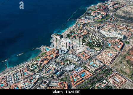 Tenerife, San Eugenio, Costa Adeje Playa De Fanabe, Playa de Torviscas Torviscas, Las Toscas, Gran Tancande, fotografia aerea, spiaggia, l'Atlantico, mare, lungomare, alberghi, il blocco di appartamenti, provincia di Santa Cruz de Tenerife, Isole Canarie, Spagna Foto Stock