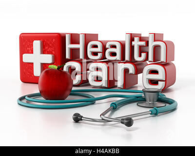 Il testo del settore sanitario, lo stetoscopio e il red apple isolati su sfondo bianco. 3D illustrazione Foto Stock