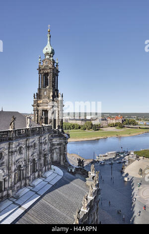 In Germania, in Sassonia, Dresda, la cappella della corte, sul fiume Elba, nave, vista da Hausmannsturm (Hausmann Torre), Foto Stock