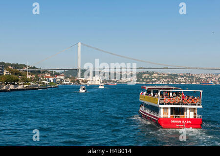 Turchia, Istanbul, Ortaky, vista sul Bosforo per il primo ponte sul Bosforo (Atatürk köprösü), al di sotto di esso la moschea Ortaky Foto Stock