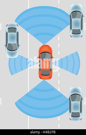 Sensori automobilistici utilizzare in auto-guida delle automobili:i dati della fotocamera con immagini radar e LIDAR Driverless autonomo auto Illustrazione Vettoriale