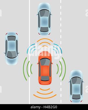 Sensori automobilistici utilizzare in auto-guida delle automobili:i dati della fotocamera con immagini radar e LIDAR Driverless autonomo auto Illustrazione Vettoriale