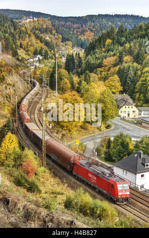 Linea ferroviaria si snoda lungo il versante di una montagna, treno merci, legno, scenario, castello, case, Foto Stock