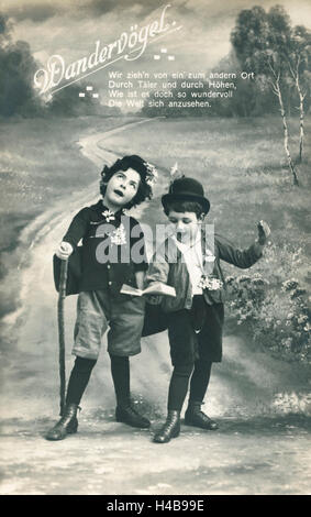 Cartolina, storico, camminare i bambini, corsa, versetto, uccelli di passaggio, b/w, Foto Stock