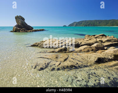 Spiaggia, rock, Wainui Bay, Tasmania, Isola del Sud, Nuova Zelanda Foto Stock