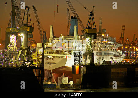 Vista sulla piscina illuminateded docks della Blohm & Voss con la nave di crociera Thomson celebrazione Foto Stock