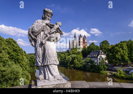 Germania, Assia, Taunus, Lahn, bacino Limburger, Limburg del Lahn, vista dal vecchio ponte di Lahn con Nepomuk scultura su Lahn con Cattedrale St. Georg, Foto Stock