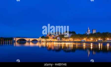 Francia, Provenza, Vaucluse, Avignone, Rhône shore, città vecchia, Pont Saint-Bénézet, Rocher des Doms, Palazzo Papale, vista dal Pont Edouard Daladier Foto Stock