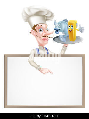 Una illustrazione di un cartoon Chef Holding Pesce e Patatine segno Foto Stock