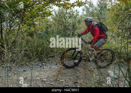 Mountain Biker a cavallo nei boschi trail di equitazione in Italia mountain bike attraverso la natura in bicicletta sentieri woodland park all'aperto Foto Stock