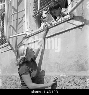 Eine junge Frau unterhält sich am Fenster Mit einem kleinen Jungen und seinem Hund, Deutschland 1930er Jahre. Una giovane donna con un ragazzo e il suo cane in una finestra, Germania 1930s. Foto Stock