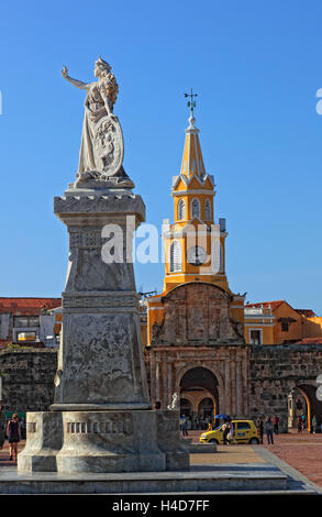 Repubblica della Colombia, Departamento Bolivar, città Cartagena de Indias, statua, Noli me tangere, clock tower, Puerta del Reloj Foto Stock