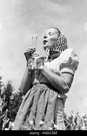 Porträt einer jungen Frau auf einer Blumenwiese, Freudenstadt, Deutschland 1930er Jahre. Ritratto di una giovane donna su un campo di fiori, Freudenstadt Germania 1930s. Foto Stock