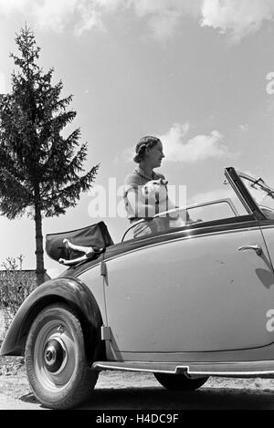 Eine junge Frau und ihr Hund bei einem Ausflug mit dem Cabrio auf den Berg Brend im Mittleren Schwarzwald, Deutschland 1930er Jahre. Una giovane donna e il suo cane su un viaggio con una decappottabile sulla collina Brend nella Foresta Nera, Germania 1930s. Foto Stock