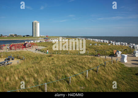 Vasca da bagno Laguna al Mare del Nord dyke nella parte anteriore del Büsumer elevato aumento, Foto Stock