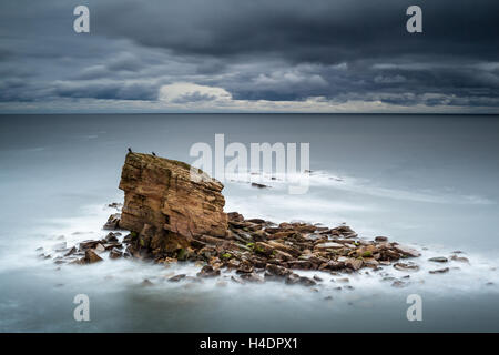 Solitario mare pila in corrispondenza di Charlie's Garden, Northumberland, dopo il tramonto e con il Mare del Nord ad alta marea con un freddo, moody sky Foto Stock