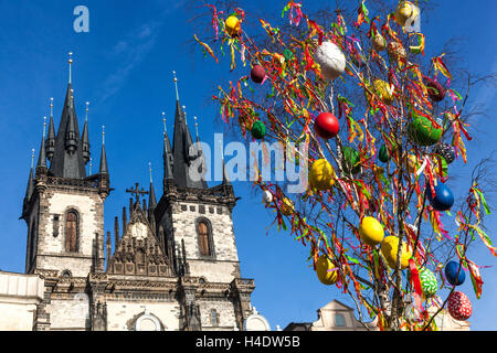 Albero di Pasqua di Praga Primavera di Praga che appende uova sui rami Piazza della città Vecchia di Praga Praga Repubblica Ceca Europa decorazione tradizionale di Pasqua all'esterno Foto Stock