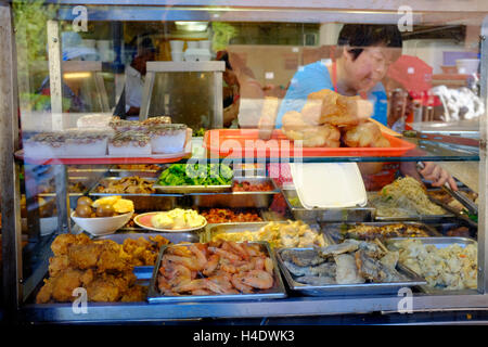 Display di cibo all'interno della finestra cinese del ristorante a buffet nella zona est di Broadway,Chinatown,Manhattan,New York,USA Foto Stock
