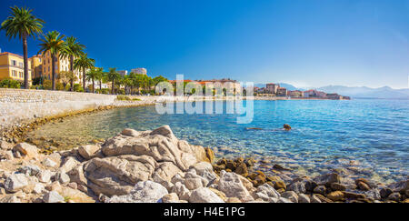 Ajaccio centro storico paesaggio urbano costiero con palme e tipiche case antiche, Corsica, Francia, Europa. Foto Stock