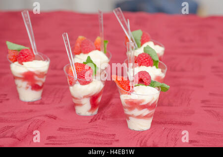 Inglese - Dessert Cremoso Vaniglia crema di mascarpone con strisce arcobaleno di frutta di bosco con fragole e lamponi con Foto Stock