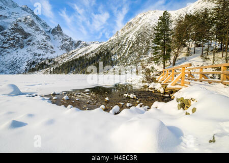 Passerella in legno sul sentiero intorno congelati Morskie Oko lago in inverno il paesaggio dei Monti Tatra, Polonia Foto Stock