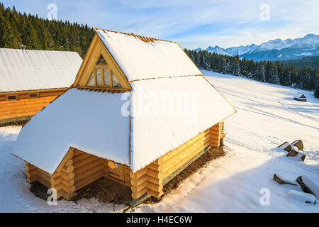 Case di legno in Bukowina Tatrzanska in inverno il paesaggio dei Monti Tatra, Polonia Foto Stock