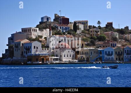 Grecia KASTELLORIZO, il più orientale greco. isola Dodecaneso, Mediterraneo orientale. A circa 1 miglia dalla cittadina turca di Kas, Anatolia. Foto Stock