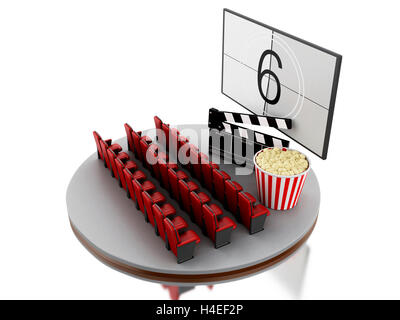 3D renderer immagine. Cinema teatro cinema con popcorn e cinema clap. Isolato sullo sfondo bianco. Foto Stock