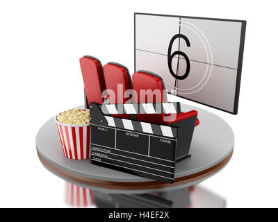 3D renderer immagine. Cinema teatro cinema con popcorn e cinema clap. Isolato sullo sfondo bianco. Foto Stock