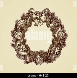 Decorativa ghirlanda di Natale sketch. Il Natale e il nuovo anno le vacanze. Vintage illustrazione vettoriale Illustrazione Vettoriale