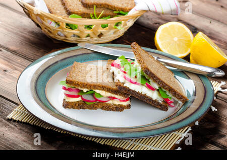 Snack sani - pane integrale con uovo-crema diffusione e verdure fresche foglie di rucola e ravanelli Foto Stock