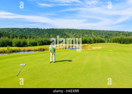 ARLAMOW CAMPO DA GOLF, Polonia - Agosto 3, 2014: uomo maturo gioca a golf su soleggiate giornate estive di Arlamow Hotel. Questo lussuoso hotel è stato di proprietà di Polonia il governo e si trova nei monti Bieszczady. Foto Stock