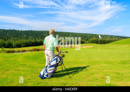 ARLAMOW CAMPO DA GOLF, Polonia - Agosto 3, 2014: uomo maturo gioca a golf su soleggiate giornate estive di Arlamow Hotel. Questo lussuoso hotel è stato di proprietà di Polonia il governo e si trova nei monti Bieszczady. Foto Stock