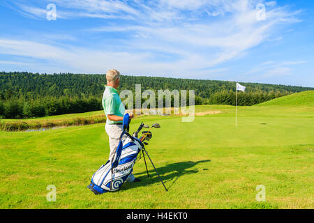 ARLAMOW CAMPO DA GOLF, Polonia - Agosto 3, 2014: uomo maturo gioca a golf su soleggiate giornate estive di Arlamow Hotel. Questo lussuoso hotel è stato di proprietà di Polonia il governo e si trova nei monti Bieszczady. Foto Stock