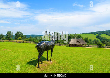 Statua di cervo sul campo verde e la tradizionale casa di montagna in background in un villaggio vicino a Arlamow, monti Bieszczady, Polonia Foto Stock