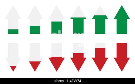 Verde, Rosso freccia indicatori di livello. Le frecce come marcatori di prestazioni. Icone a forma di freccia. Illustrazione Vettoriale