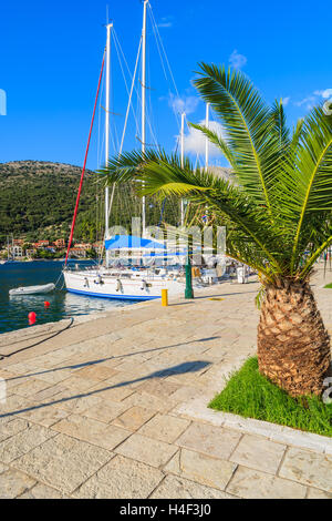 Passeggiata in Agia Efimia villaggio con yacht barche di ormeggio in marina, l'isola di Cefalonia, Grecia Foto Stock