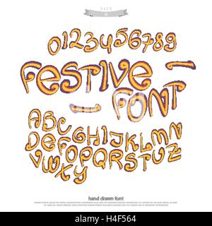 Stile cartoon alfabeto lettere e numeri isolati su sfondo bianco. vettore colorate, fumetti tipo font. festive calligraphy c Illustrazione Vettoriale