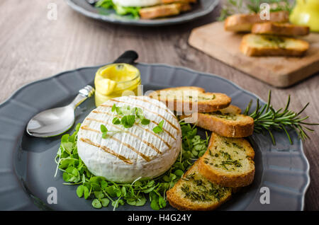 Grigliata di camembert con erbe aromatiche, erbe baguette croccanti, mostarda di Digione Foto Stock