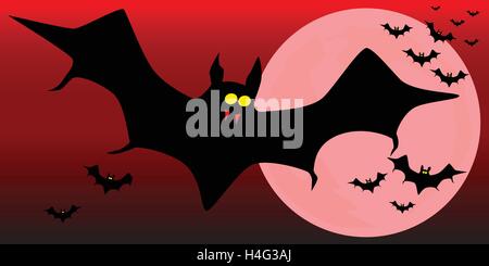 Pipistrelli Vampiro volare attraverso la luna contro un colore rosso scuro sky Illustrazione Vettoriale