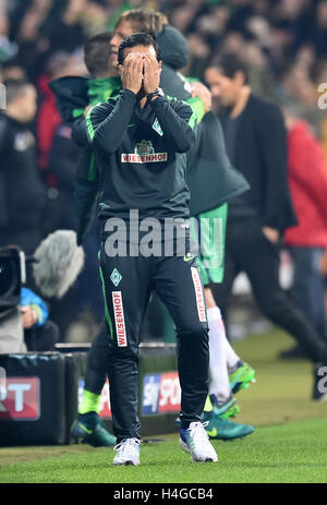 Bremen, Germania. 15 ottobre, 2016. Brema allenatore Alexander Nouri cheers dopo il fischio finale del match tra Werder Brema e Bayer 04 Leverkusen il settimo giorno della partita di Bundesliga tedesca al Weserstadion di Brema, Germania, 15 ottobre 2016. Foto: CARMEN JASPERSEN/dpa/Alamy Live News Foto Stock