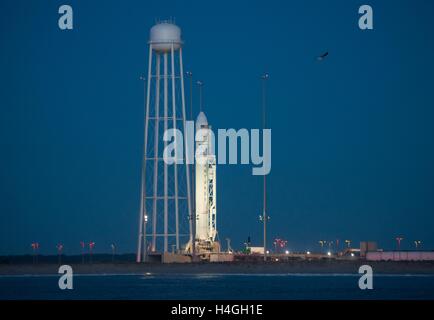 Wallops, Virginia, Stati Uniti d'America. 15 ottobre, 2016. L'orbitale ATK Antares a razzo con il veicolo spaziale Cygnus onboard, è in posizione di pronto a Launch Pad-0A in primi albori presso la NASA Wallops Flight Facility Ottobre 15, 2016 in Wallops, Virginia. L'Antares si avvierà con il veicolo spaziale Cygnus riempito con oltre 5.100 libbre di forniture per la Stazione Spaziale Internazionale. Credito: Planetpix/Alamy Live News Foto Stock