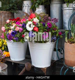 Bouquet di tulipani rosa, viola uva giacinti, blu e rosso anemoni viola veronica e ranuncolo bianco Foto Stock