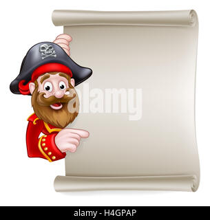 Cartoon pirate peeking intorno a puntare verso un segno di scorrimento Foto Stock